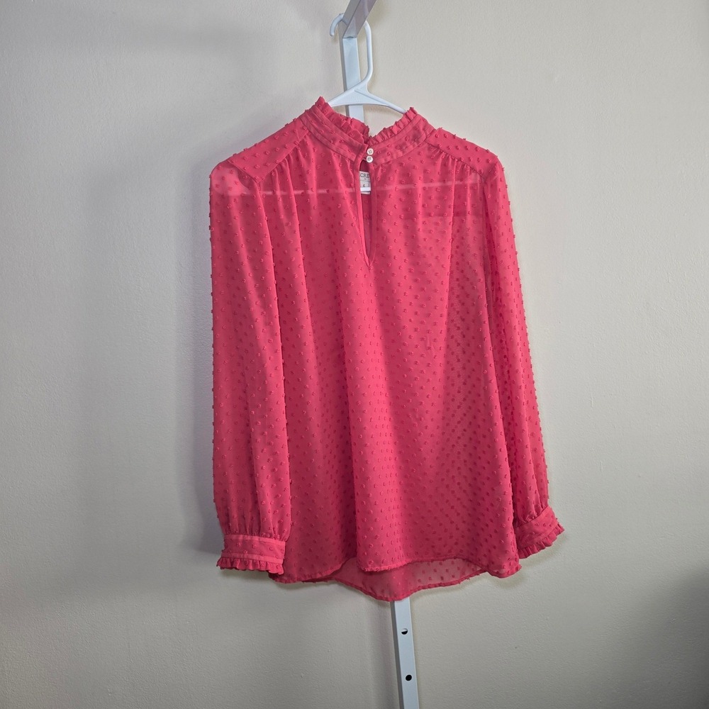 J. Crew Pink Swiss Dot Mock Neck Blouse Long Sleeve Button Top‎ Women's Size 6